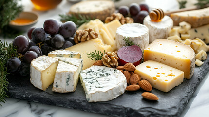 A luxurious cheese platter featuring a variety of cheeses, including blue cheese, brie, and gouda, accompanied by fresh grapes, walnuts, almonds, and honey.