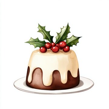 recommend clip art: Christmas pudding clipart, with holly on top, watercolor illustration, rich tones, isolated on white background