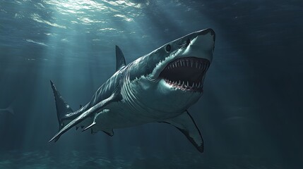 Fototapeta premium Shark with open mouth and dark sea, Generative AI