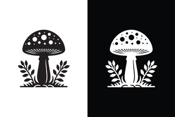 Black and White Beauty Mushroom Silhouette Icon.