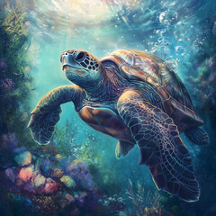 Fototapeta premium Majestic Sea Turtle Swimming Through Colorful Coral Reef - A stunning sea turtle gracefully glides through vibrant coral reefs in a sunlit underwater scene.