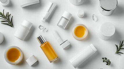 A flat lay of various skincare products and sprigs of rosemary and thyme on a white surface