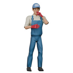 Auto Repair Expert in 3D. A male mechanic is standing with one hand covering his mouth while the other hand is on his chest, as if looking for a solution. Cartoon Mechanic