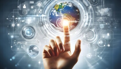 Fototapeta premium Hand interacting with futuristic interface elements on a white background, symbolizing high technology and innovation