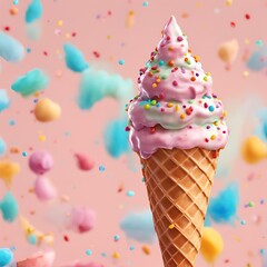 A colorful ice cream cone filled with pink and white swirls, topped with sprinkles and surrounded by colorful candy.