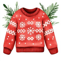 Cozy Christmas sweater clipart, with snowflake pattern, watercolor illustration, warm colors, isolated on white background