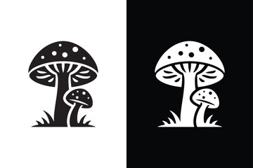 Black and White Beauty Mushroom Silhouette Icon.