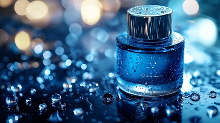 Blue Perfume Bottle with Water Droplets and Bokeh Lights