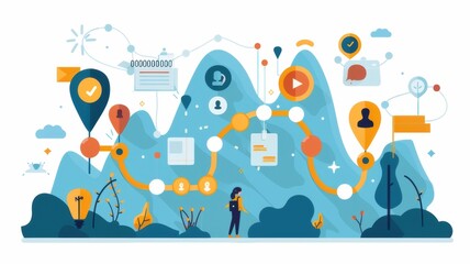 Fototapeta premium A vibrant illustration of a journey through mountains, featuring icons for navigation, communication, and tasks, symbolizing exploration and progress.