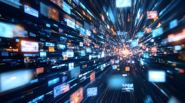 A dynamic visualization of data streams, showcasing a multitude of screens and vivid colors, representing technology and innovation.