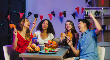 Successful business team, excited businessman feel happy work complete with champagne and food, celebration excellent financial results.