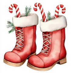 Santa s boots clipart, filled with candy canes, watercolor illustration, playful colors, isolated on white background