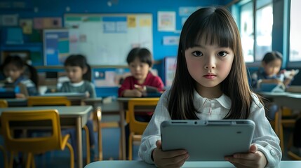 A focused girl in a classroom using a tablet, surrounded by classmates engaged in digital learning.
