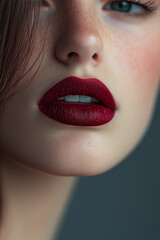 Obraz premium A close-up of a person’s lips with dark red lipstick, highlighting the texture and shine of the lipstick.