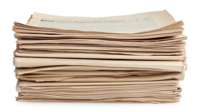 one single stack of old vintage newspapers isolated on white background