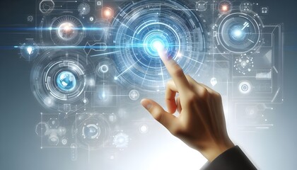 Obraz premium Hand interacting with futuristic interface elements on a white background, symbolizing high technology and innovation