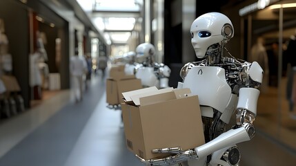 Fototapeta premium A futuristic scene with robots transporting cardboard boxes in a modern environment, highlighting automation in logistics.