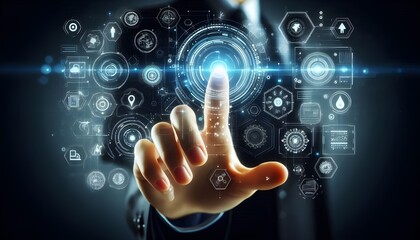 Fototapeta premium Hand interacting with futuristic interface elements on a white background, symbolizing high technology and innovation