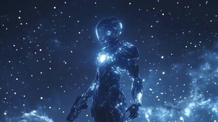 Obraz premium A futuristic space soldier stands amidst a starry cosmos, showcasing advanced armor and a glowing core in this sci-fi illustration.