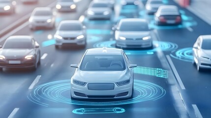 A futuristic traffic scene showcasing autonomous vehicles with digital connectivity on a busy highway.
