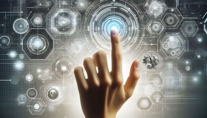 Fototapeta premium Hand interacting with futuristic interface elements on a white background, symbolizing high technology and innovation