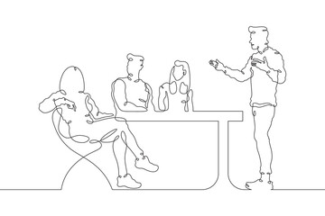 Continuous one line drawing collaboration in the office. Creative employee meeting in the office. Meeting at work. One continuous line isolated minimal illustration.