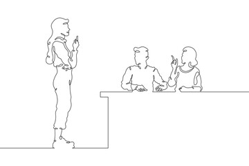 Continuous one line drawing collaboration in the office. Creative employee meeting in the office. Meeting at work. One continuous line isolated minimal illustration.