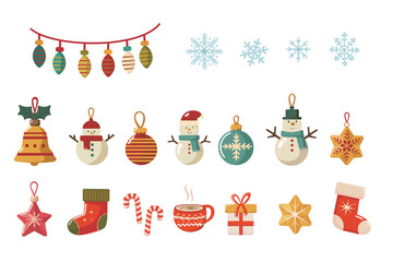 Set of colorful Christmas decorations and ornaments including snowflakes, snowmen, and holiday symbols