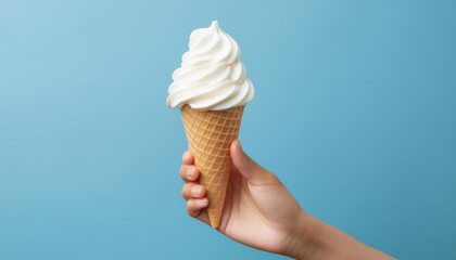 Close up of hand holding white vanilla ice cream cone with blue background