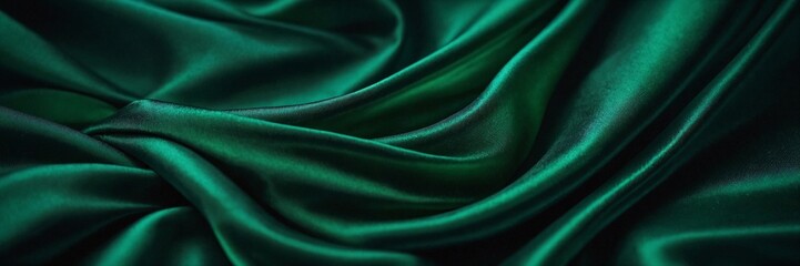 Fototapeta premium Green drapery silk fabric luxury background. Wavy abstract satin cloth vector texture pattern. Smooth shiny drape material curtain. Elegant velvet curve motion image realistic horizontal design.