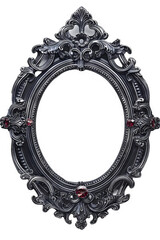 A close-up of an ornate black frame with red gemstones, the frame has an oval shape and is decorated with intricate details.