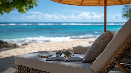 A close-up of a chaise lounge under a large beach umbrella, with a book and a pair of sunglasses placed on the lounge. The background features the gentle waves of the ocean and soft sand.