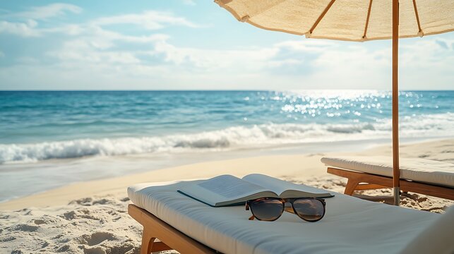 A close-up of a chaise lounge under a large beach umbrella, with a book and a pair of sunglasses placed on the lounge. The background features the gentle waves of the ocean and soft sand. - Powered by Adobe