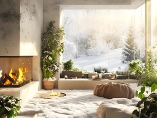 A cozy indoor garden with a fireplace, plush seating, and a window overlooking a snow-covered landscape, perfect for a cozy home, a winter-themed restaurant, or a relaxing retreat. Stylish.