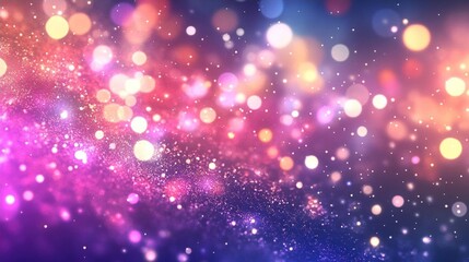 Abstract purple and pink background with bokeh lights and glitter.