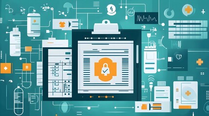 Medical Data Security: Clipboard, Lock & Tech Icons