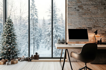 Panoramic Open Office with Natural Christmas Decorations and Snowy View  