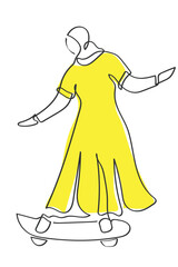 hand drawn line art vector of a muslim woman skateboarding. Muslim girl skating concept. Arab woman in games. Modern women simple solutions for modest clothing concept.