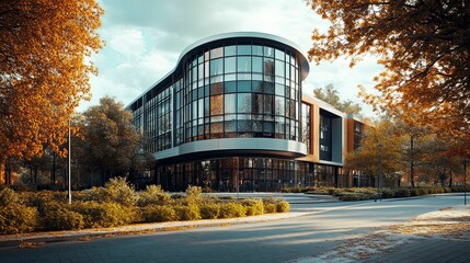 Modern Office Building with Autumn Foliage and Paved Path