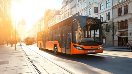 A modern orange bus drives through a sunlit city street, showcasing urban transportation in a vibrant downtown setting.