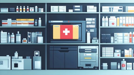 Medical Supplies & Swiss Flag on Shelves