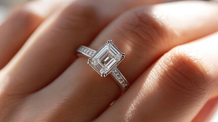 Fototapeta premium Close-up of a hand wearing a dazzling baguette and solitaire diamond engagement ring, showcasing elegance and luxury.