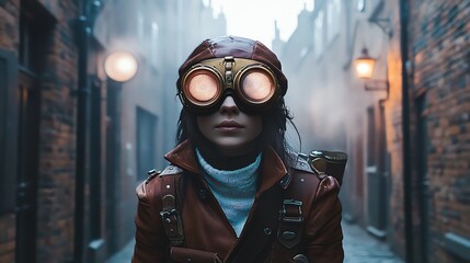 A mysterious figure in vintage goggles stands in a foggy alleyway, embodying adventure and exploration.