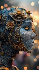 Stylized woman with floral and abstract designs set against a sunrise or sunset, perfect for mobile phone backgrounds.