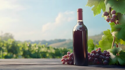 Fototapeta premium Wine bottle with grapevine branch on the wood table on vineyard background, Generative AI