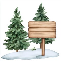 A Christmas tree farm with snowcovered trees and a wooden sign, watercolor illustration, isolated on white background