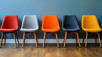 A Row of Colorful Chairs with Wooden Legs on a Wooden Floor