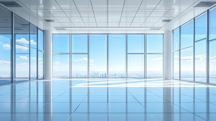 Modern office building interior with an empty glass floor and a bright blue sky visible through large windows, capturing a sleek, airy atmosphere.