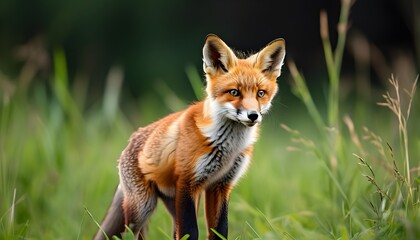 Curious young red fox poised gracefully on lush green grass