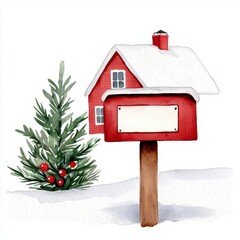 Naklejka premium A festive mailbox with Christmas garland in front of a snowy farmhouse, watercolor illustration, isolated on white background